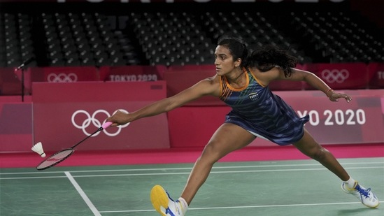 Tokyo: India's Pusarla V. Sindhu plays a shot during her women's singles badminton semifinal match against Taiwan's Tai Tzu-Ying, at the 2020 Summer Olympics, in Tokyo, Saturday, July 31, 2021. Sindhu lost the match 18-21, 12-21. (PTI Photo/Gurinder Osan) (PTI07_31_2021_000228B)(PTI)
