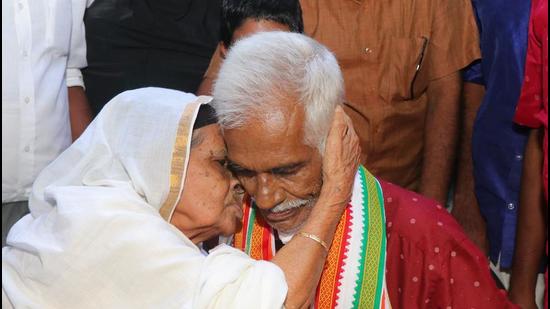 Thangal with his 91-year-old mother upon his arrival. (HT photo)