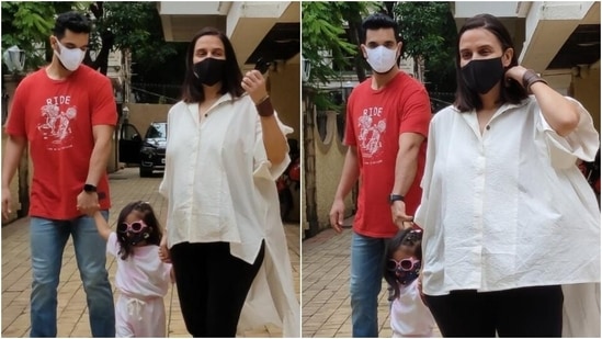 Pregnant Neha Dhupia nails monochrome look for outing with Angad Bedi and Mehr