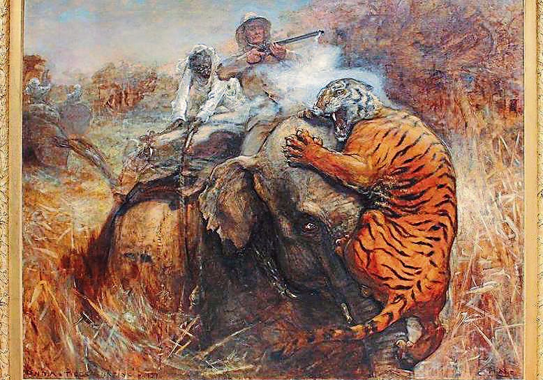 Hell hath no fury than a tiger stirred, its ferocity boundless when hounded by tiger shikaris on elephants. (PAINTING: ROYAL WEAPONS OF INDIA ON FACEBOOK) Hell hath no fury than a tiger stirred, its ferocity boundless when hounded by tiger shikaris on elephants. (PAINTING: ROYAL WEAPONS OF INDIA ON FACEBOOK)