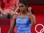 PV Sindhu of India reacts during the bronze medal match against He Bingjiao of China at the Tokyo Olympics.