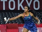 India's PV Sindhu during thei women's singles badminton quarterfinal match, at the Tokyo Olympics 2020, (ANI Photo)