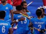 Team India celebrates after winning their men's field hockey match against Britain at the 2020 Summer Olympics, Sunday, Aug. 1, 2021, in Tokyo, Japan. AP/PTI(AP08_01_2021_000229B)