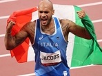 Lamont Marcell Jacobs of Italy celebrates winning the Gold Medal in the Men's 100m final. 