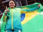 Rebeca Andrade of Team Brazil celebrates winning gold in the Women's Vault Final. 