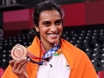 PV Sindhu of India with her bronze medal during the medal. 