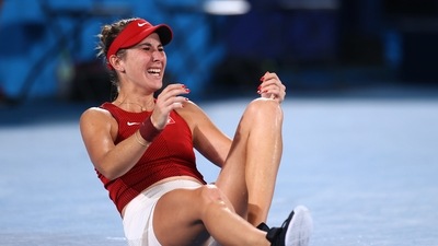 Tokyo 2020 Olympics: Belinda Bencic of Switzerland celebrates after winning her gold medal match against Marketa Vondrousova of Czech Republic. (REUTERS)