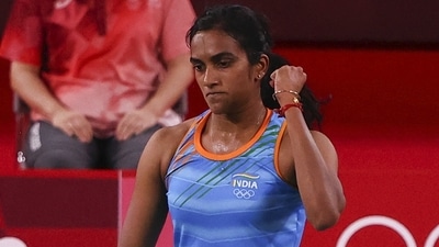 PV Sindhu of India reacts during the bronze medal match against He Bingjiao of China at the Tokyo Olympics. (REUTERS)