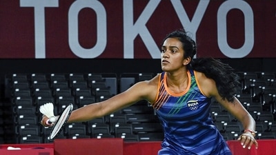 India's PV Sindhu during thei women's singles badminton quarterfinal match, at the Tokyo Olympics 2020, (ANI Photo)