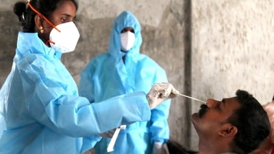 A healthcare worker collects the swab sample of a security personnel for the RT-PCR test during Covid-19 screening, in Chennai on Friday. (ANI Photo) A healthcare worker collects the swab sample of a security personnel for the RT-PCR test during Covid-19 screening, in Chennai on Friday. (ANI Photo)