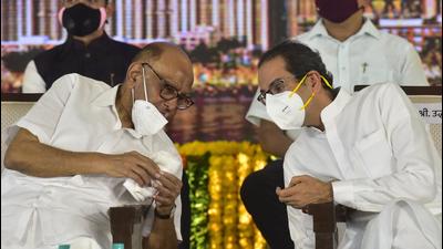 Maharashtra chief minister Uddhav Thackeray and NCP chief Sharad Pawar interacts during the stone laying ceremony for the redevelopment of BDD Chawl. (Anshuman Poyrekar/HT Photo) Maharashtra chief minister Uddhav Thackeray and NCP chief Sharad Pawar interacts during the stone laying ceremony for the redevelopment of BDD Chawl. (Anshuman Poyrekar/HT Photo)