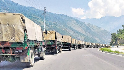 Army vehicles move towards Ladakh on the Manali-Leh highway on June 28. PTI Army vehicles move towards Ladakh on the Manali-Leh highway on June 28. PTI