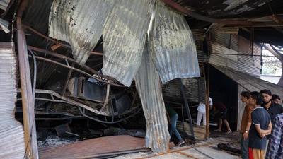 A shop damaged in the fire at the furniture market in Sarangpur, Chandigarh, on Sunday. Officials of the fire department said the cause of the fire was still unknown. (KESHAV SINGH/HT)