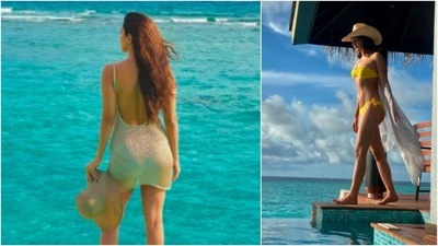 Kiara Advani: Kiara ended her 2020 in the Maldives. She travelled to the Maldives with her rumoured boyfriend Sidharth Malhotra and celebrated New Year in the beautiful country. In the picture to the left, Kiara posed in a see through cover-up and in the snap to the right, she opted for a bright yellow bikinig. (Instagram/@kiaraaliaadvani)