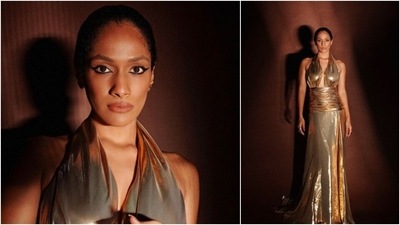 Earlier, she made jaws drop when she posed in a metallic halter gown. With nude lips and winged eyeliner, Masaba looked drop-dead gorgeous in the ensemble. (Instagram/@masabagupta)