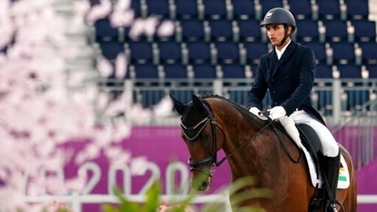 India's Fouaad Mirza, riding Seigneur, competes during the equestrian eventing dressage at Equestrian Park at the 2020 Summer Olympics. (AP)