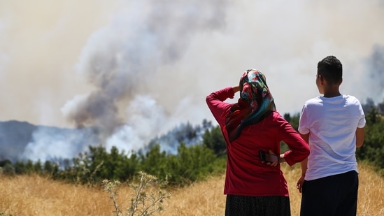 Locals watch a wildfire near Manavgat, Turkey. The death toll from wildfires rose to six on Saturday after two forest workers were killed, the country's health minister said.(REUTERS/Kaan Soyturk)