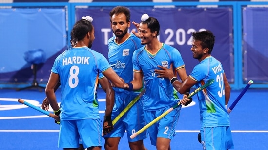 Dilpreet Singh of India celebrates with teammates after scoring. REUTERS/Bernadett Szabo(REUTERS)