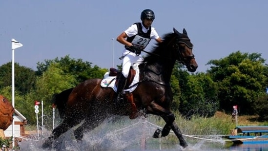 India Fouaad Mirza, riding Seigneur, during the equestrian eventing cross county competition at the Sea Forest Cross-Country Course in Tokyo at the 2020 Summer Olympics, Sunday, Aug. 1, 2021, in Tokyo, Japan. (AP Photo/Carolyn Kaster)(AP)