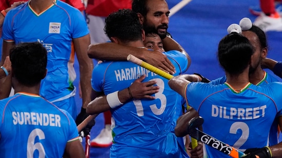 Tokyo: Team India celebrates after winning their men's field hockey match against Britain at the 2020 Summer Olympics, Sunday, Aug. 1, 2021, in Tokyo, Japan. AP/PTI(AP08_01_2021_000229B)(AP)