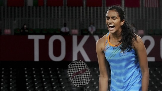 Tokyo: India's Pusarla V. Sindhu reacts during her women's singles badminton bronze medal match against China's He Bingjiao, at the 2020 Summer Olympics, in Tokyo, Sunday, August 1, 2021. Sindhu won 21-13 21-15. (PTI Photo/Gurinder Osan)(PTI08_01_2021_000224A)(PTI)