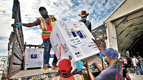 Boxes of Covid-19 vaccines, manufactured in India, arrive at the airport in Mogadishu, Somalia, in March. AP