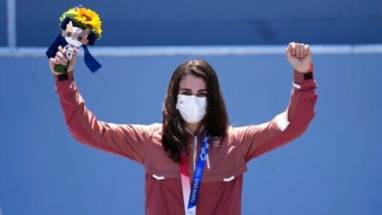 Nikita Ducarroz of Switzerland poses with her bronze medal in the men's BMX freestyle final at the 2020 Summer Olympics, Sunday, Aug. 1, 2021, in Tokyo, Japan. (AP Photo/Ben Curtis)(AP)