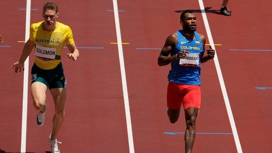 Anthony Zambrano, of Colombia, wins a heat in the men's 400-meter run at the 2020 Summer Olympics, Sunday, Aug. 1, 2021, in Tokyo. (AP Photo/Charlie Riedel)(AP)
