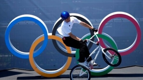 Rim Nakamura of Japan in the men's BMX freestyle final at the 2020 Summer Olympics, Sunday, Aug. 1, 2021, in Tokyo, Japan. (AP Photo/Ben Curtis)(AP)