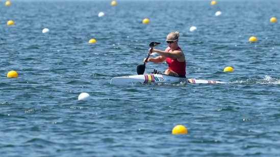 Emma Aastrand Jorgensen of Denmark trains during a canoe sprint training session at the 2020 Summer Olympics, Sunday, Aug. 1, 2021, in Tokyo, Japan. (AP Photo/Lee Jin-man)(AP)