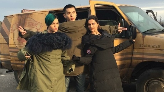 Kris Wu poses with Deepika Padukone and Ruby Rose on the set of xXx: Return of Xander Cage.