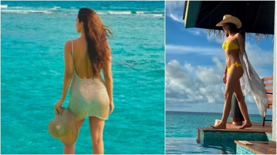 Kiara Advani: Kiara ended her 2020 in the Maldives. She travelled to the Maldives with her rumoured boyfriend Sidharth Malhotra and celebrated New Year in the beautiful country. In the picture to the left, Kiara posed in a see through cover-up and in the snap to the right, she opted for a bright yellow bikinig.(Instagram/@kiaraaliaadvani)