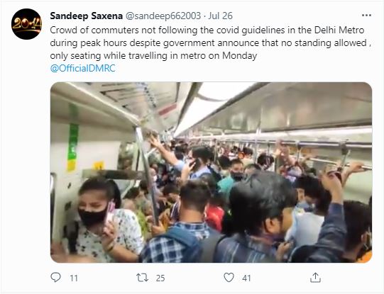 Some metro passengers took to Twitter to show how the guidelines are not being followed in Delhi Metro. (Photo: Twitter) Some metro passengers took to Twitter to show how the guidelines are not being followed in Delhi Metro. (Photo: Twitter)