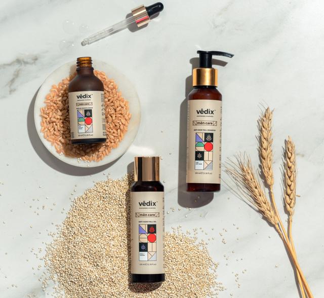 The Ayurvedic men care hair oil, serum and shampoo by Vedix stimulates and boosts hair growth. The Ayurvedic men care hair oil, serum and shampoo by Vedix stimulates and boosts hair growth.