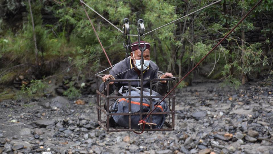 A man being rescued in Lahaul and Spiti on Sunday. (Aqil Khan/HT) A man being rescued in Lahaul and Spiti on Sunday. (Aqil Khan/HT)