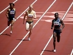 Tokyo 2020 Olympics - Athletics - Women's 200m - Round 1 - Olympic Stadium, Tokyo, Japan - August 2, 2021. Dutee Chand of India, Jessica-Bianca Wessolly of Germany, Aminatou Seyni of Niger and Vitoria Cristina Rosa of Brazil in action during Heat 4