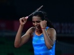 India's P. V. Sindhu celebrates after beating China's He Bingjiao in their women's singles badminton bronze medal match during the Tokyo 2020 Olympic Games at the Musashino Forest Sports Plaza in Tokyo on August 1, 2021.