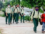 Patiala: Chiildren walk towards their school after ease in COVID-induced restrictions, in Patiala on Monday, Aug 2, 2021.(PTI) Patiala: Chiildren walk towards their school after ease in COVID-induced restrictions, in Patiala on Monday, Aug 2, 2021.(PTI)
