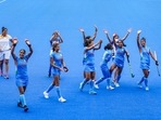 Indian players celebrate their victory against Australia during women's field hockey quarterfinal match at the 2020 Summer Olympics, in Tokyo, Monday, Aug. 2, 2021.