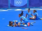 Tokyo: Indian players celebrate their victory against Australia during women's field hockey quarterfinal match at the 2020 Summer Olympics, in Tokyo, Monday, Aug. 2, 2021. India won 1-0, thus entering first-ever women's hockey Olympic semifinal. (PTI Photo/Gurinder Osan)(PTI08_02_2021_000132A)