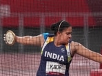 India's Kamalpreet Kaur participates in the women's discus throw final event at Tokyo Olympics 2020