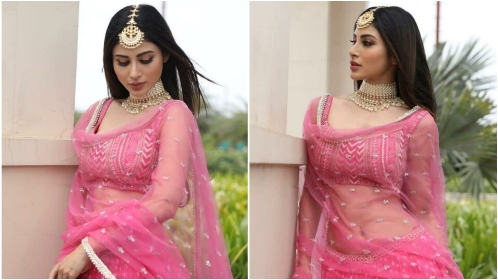 Mouni Roy's blush pink lehenga set is perfect fit for a stunning ...