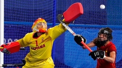 Spain's goalkeeper Maria de los Angeles Ruiz Castillo (1) gets scored on by Britain during a women's field hockey match at the 2020 Summer Olympics, Monday, Aug. 2, 2021, in Tokyo, Japan. (AP Photo/John Minchillo) (AP) Spain's goalkeeper Maria de los Angeles Ruiz Castillo (1) gets scored on by Britain during a women's field hockey match at the 2020 Summer Olympics, Monday, Aug. 2, 2021, in Tokyo, Japan. (AP Photo/John Minchillo) (AP)