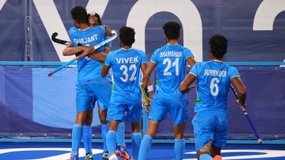 Tokyo 2020 Olympics: Hardik Singh of India celebrates with teammates after scoring. (REUTERS)