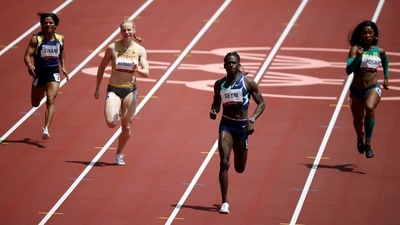 Tokyo 2020 Olympics - Athletics - Women's 200m - Round 1 - Olympic Stadium, Tokyo, Japan - August 2, 2021. Dutee Chand of India, Jessica-Bianca Wessolly of Germany, Aminatou Seyni of Niger and Vitoria Cristina Rosa of Brazil in action during Heat 4 (REUTERS)