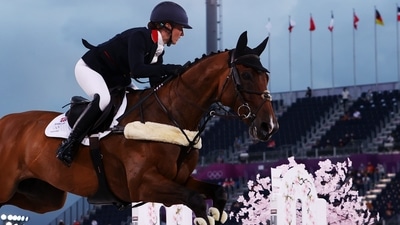 Tokyo 2020 Olympics - Equestrian - Eventing - Jumping Individual - Qualification - Equestrian Park - Tokyo, Japan - August 2, 2021. Laura Collett of Britain on her horse London 52 competes. (REUTERS)
