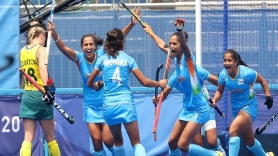 Indian players celebrate their goal against Australia in Women's Hockey Quarterfinal at Tokyo Olympics 2020 (Twitter)