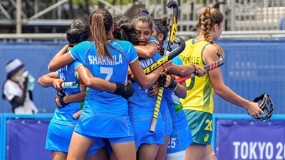 Tokyo: India's players celebrate after scoring a goal during women's field hockey quarterfinal match against Australia at the 2020 Summer Olympics, in Tokyo, Monday, Aug. 2, 2021. Gurjit Kaur scored the goal. (PTI)
