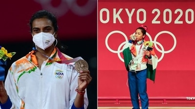 Tokyo Olympics medallists PV Sindhu (L) and Mirabai Chanu (R) (HT Collage)