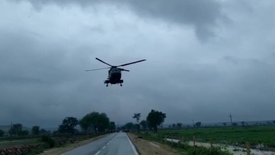 IAF helicopters were also deployed in the Shivpuri area of Madhya Pradesh, where 10 people were rescued and brought to safety IAF helicopters were also deployed in the Shivpuri area of Madhya Pradesh, where 10 people were rescued and brought to safety